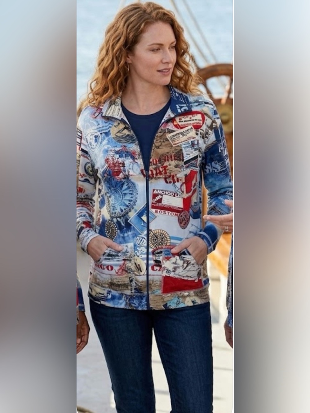 Chico's Full Zip Map Jacket Womens Multicolor Nautical Mock Neck Pockets Comfort